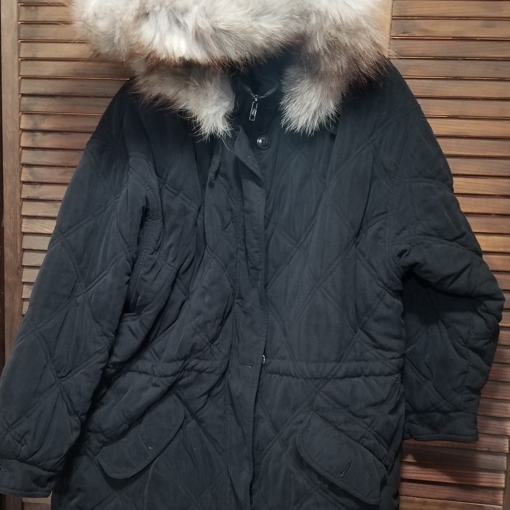 Black Quilted Puffer Coat with Faux Fur Hood